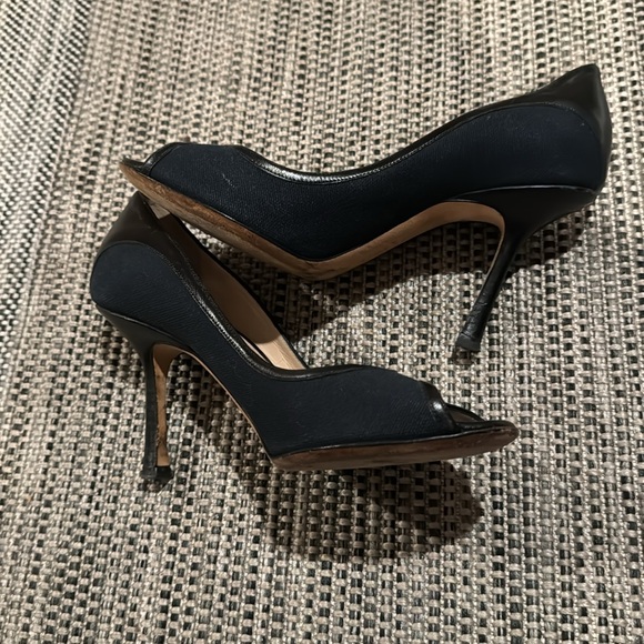 Jimmy Choo 🎉host pick🎉Bonnie navy blue canvas peep toe heels with leather trim - Picture 2 of 10